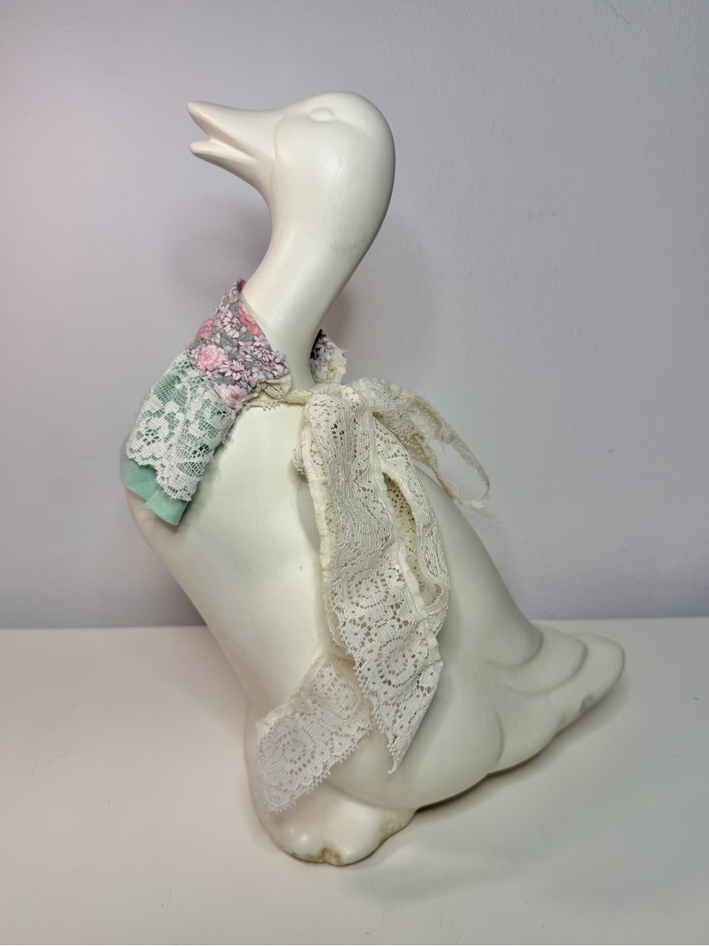 1980s Large Ceramic Porch Goose w/ handmade collar - 14"